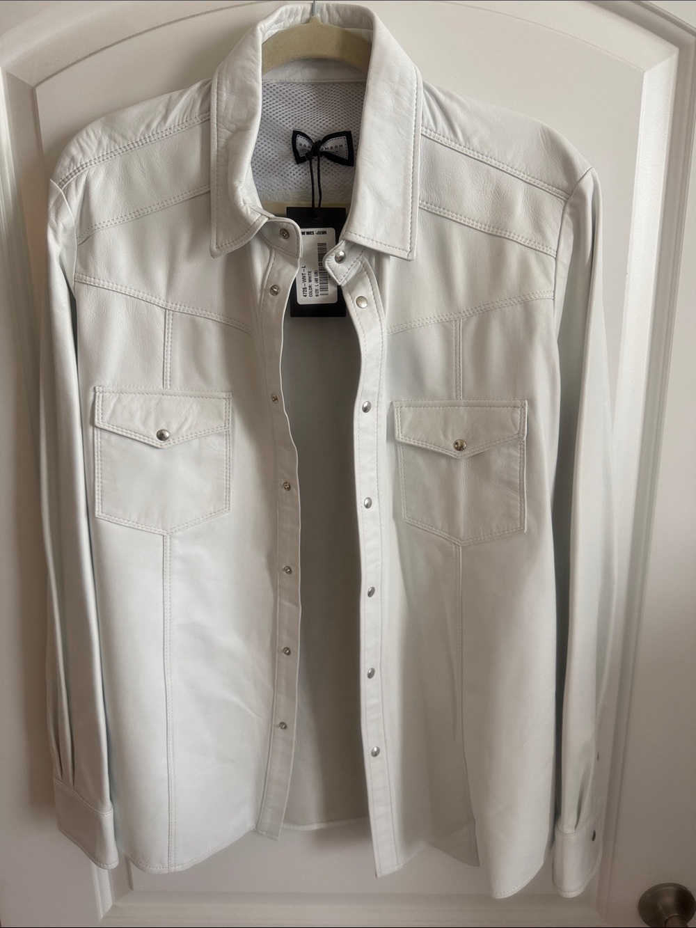 Ron Tomson White Leather Snap-Front Shirt Jacket